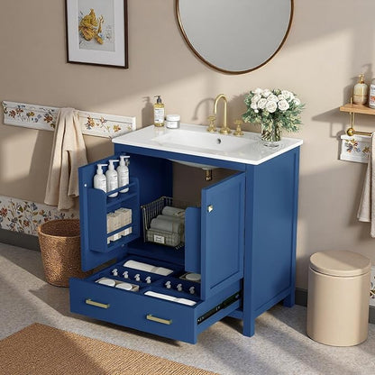 30" Freestanding Bathroom Vanity with Sink, Floor Stand Bathroom Storage Cabinet with Ceramic Sink, Doors with Double-Layered Storage Shelves, Modern Compact Vanity with Divided Drawer, Blue