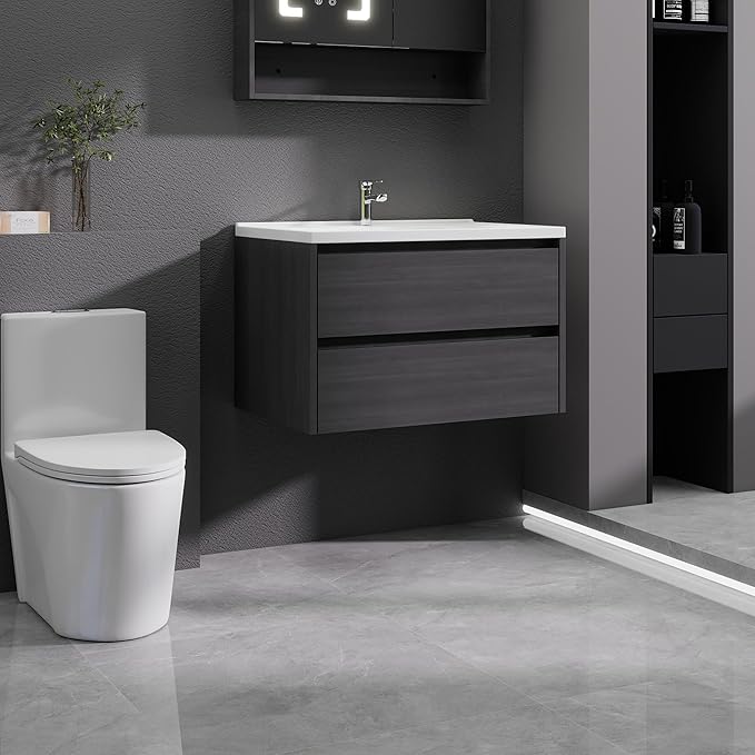 Grey Floating Bathroom Vanity with Sink, 31x18 Inch Wall Mounted Bathroom Cabinet with 2 Drawers, Modern Single Sink Vanity for Small Bathroom, Space-Saving Storage Cabinet