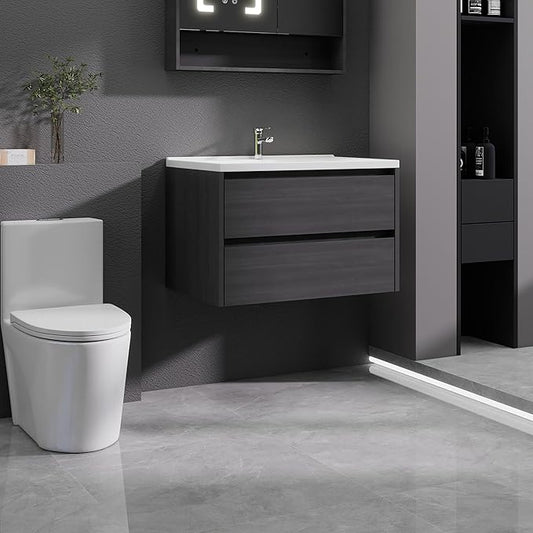 Grey Floating Bathroom Vanity with Sink, 31x18 Inch Wall Mounted Bathroom Cabinet with 2 Drawers, Modern Single Sink Vanity for Small Bathroom, Space-Saving Storage Cabinet