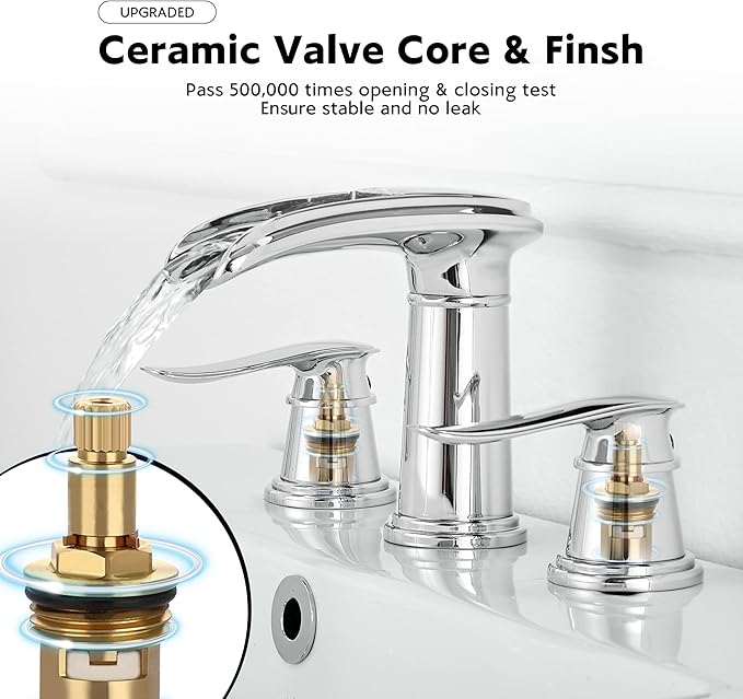 BWE Waterfall Bathroom Faucet, Chrome 8 Inch Widespread Bathroom Sink Faucet Two-Handle Waterfall, Metal Pop-up Drain Include, for Vanity, Lavatory Sink