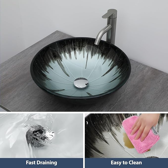 Logmey 16" Glass Bathroom Vessel Sink Vanity Countertop Round Bowl with Chrome Pop up Drain Set,Glass Art Basin,Grey-Black Gradient