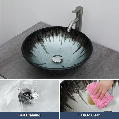 Logmey 16" Glass Bathroom Vessel Sink Vanity Countertop Round Bowl with Chrome Pop up Drain Set,Glass Art Basin,Grey-Black Gradient