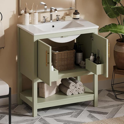 30" Bathroom Vanity with Ceramic Sink,Sink Cabinet w/Soft Closing 2 Doors and Bottom Shelf,Metal Handles,Freestanding Wooden Storage Cabinet,Solid Wood Frame,for Small Space,Green