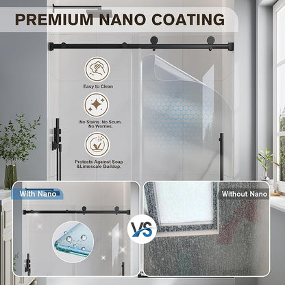 49-54" W x 76" H Frameless Sliding Shower Doors Matte Black | 1/4''(6mm) Tempered Glass,Explosion Proof Film,Nano Coating,Stainless Steel Hardware,Easy to Clean,Customizable Width