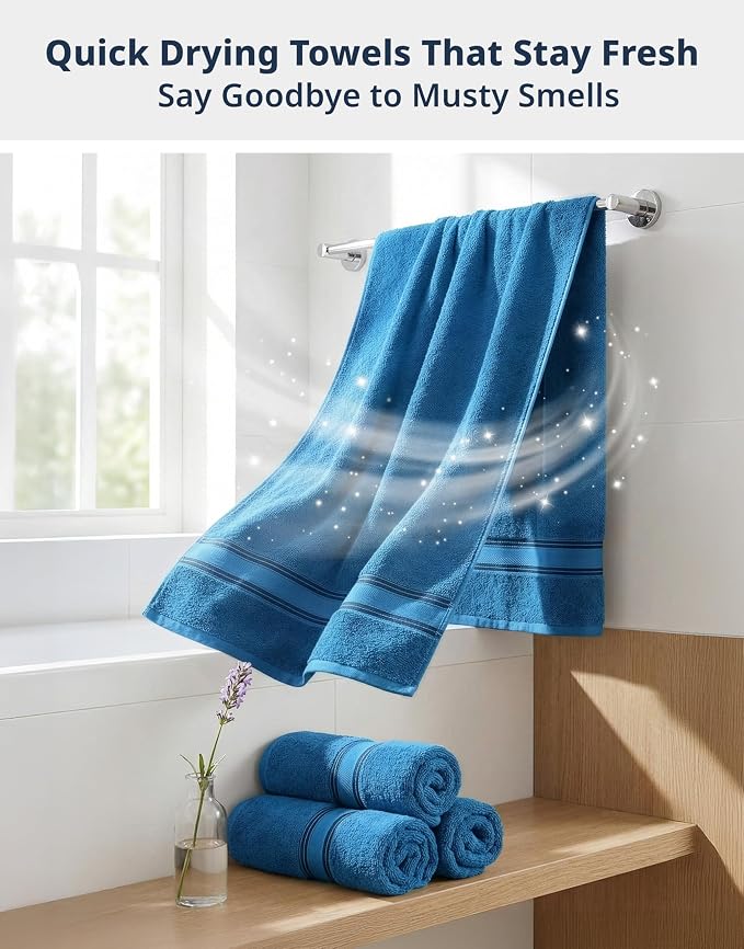 LANE LINEN Towel Set Quick Dry 100% Cotton 4 Piece Soft - Sea Port | Towel Sets For College Dorm - Zero-Twist Durability, Zero-Twist Cotton, Terry Weave Comfort, Long-Lasting Comfort