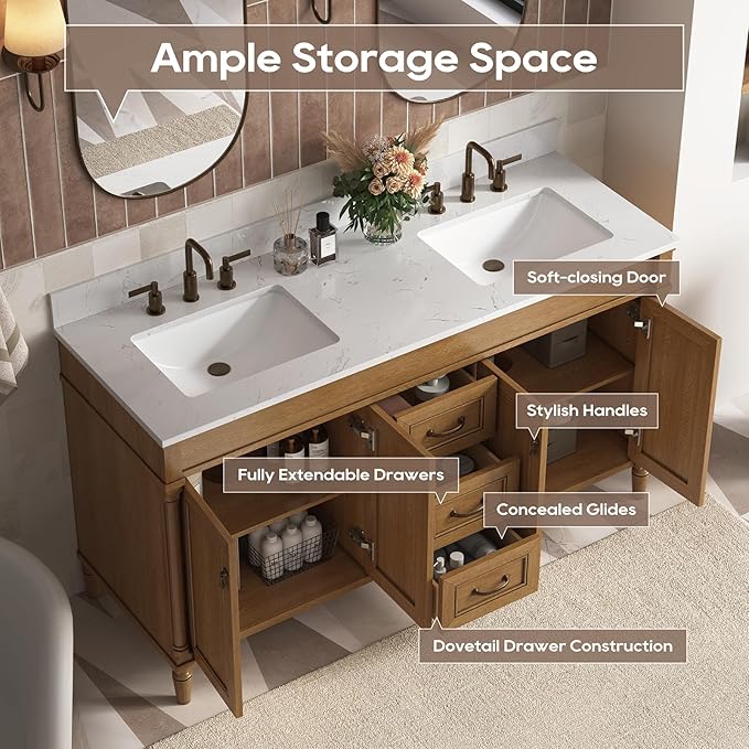 60 Inch Bathroom Vanity with Sink Combo, Classic Cabinet with Countertop & Backsplash, Solid Wood with Soft Closing Doors & Dovetail Drawers, Ceramic Sink, Light Walnut