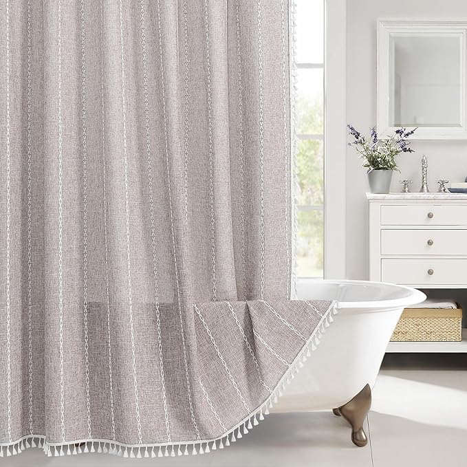 Boho Tassel Linen Shower Curtain,3D Embroidery Stripe Taupe Grey,72x84 | Extra Long Xl,310GSM Linen Texture Heavy Duty Cloth,Water Repellent,Wrinkle Resistant,Vintage Rustic Farmhouse Country