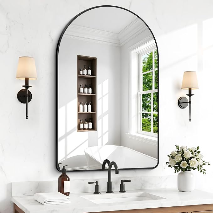 BONEWEI Arched Wall Mirror,30x45 inch Black Arched Mirror Bathroom,Vanity Mirror for Over Sink Metal Frame,Tempered Glass Arch Mirrors for Bedroom,Entryway,Living Room,Home Decor Shatter-Proof