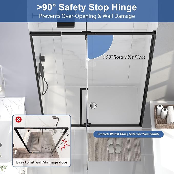 42-48" W x 72" H Semi Frameless Pivot Shower Door Matte Black | 1/4"(6mm) SGCC Tempered Glass with Explosion-Proof Film &Nano Coating,Customizable Width