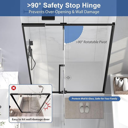 42-48" W x 72" H Semi Frameless Pivot Shower Door Matte Black | 1/4"(6mm) SGCC Tempered Glass with Explosion-Proof Film &Nano Coating,Customizable Width