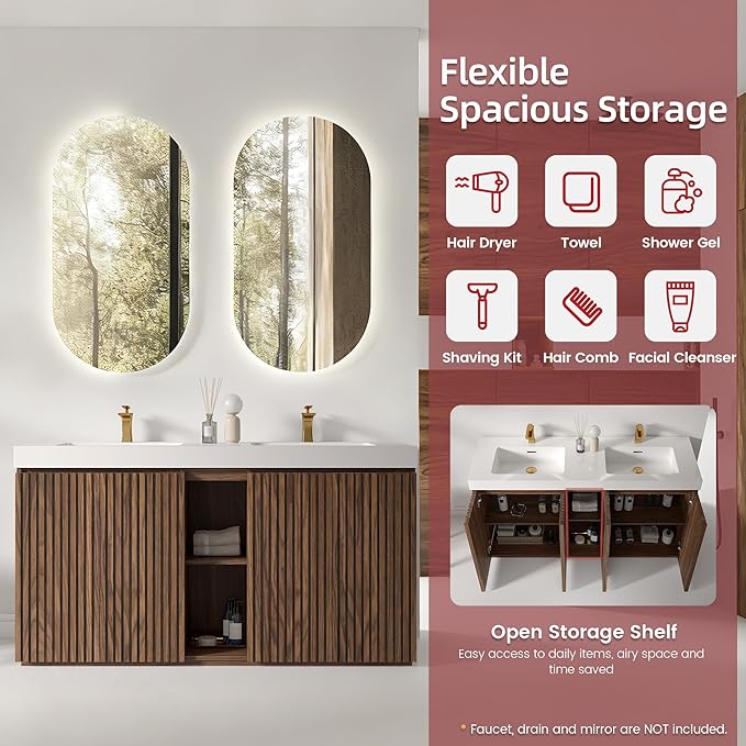 60" Bathroom Vanity with Double Sink, Freestanding Double Sink Bathroom Vanity with White Engineered Stone Top, Open Storage Cabinet & Adjustable Shelf, 4 Soft-Closing Doors, Walnut