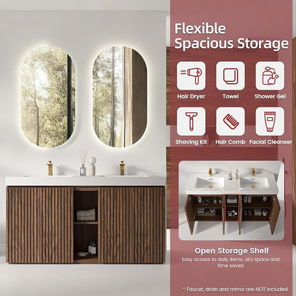 60" Bathroom Vanity with Double Sink, Freestanding Double Sink Bathroom Vanity with White Engineered Stone Top, Open Storage Cabinet & Adjustable Shelf, 4 Soft-Closing Doors, Walnut
