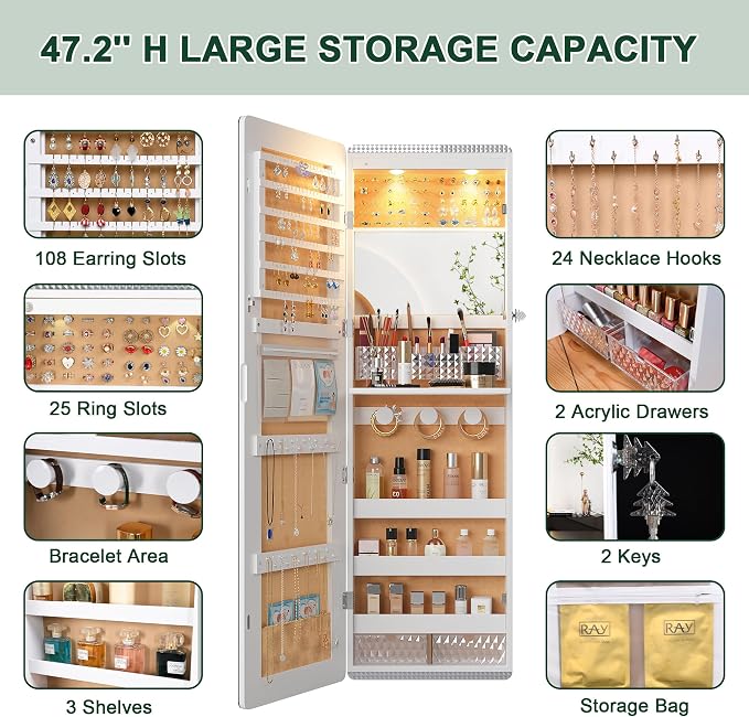 HNEBC Over the Door Jewelry Organizer with LED Lights, 47.2" Full Length Mirror with Storage, Wall Mounted Jewelry Armoire, Hanging Mirror with 2 Drawers,Lokable,3 Shelves-White