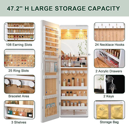 HNEBC Over the Door Jewelry Organizer with LED Lights, 47.2" Full Length Mirror with Storage, Wall Mounted Jewelry Armoire, Hanging Mirror with 2 Drawers,Lokable,3 Shelves-White
