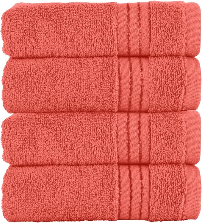 Elegant Comfort Premium Turkish Cotton 4 Pack Hand Towel Set - 16 x 28 inch, Luxurious Hotel Spa Quality 100% Turkish Cotton 4PC Hand Towel Set - Highly Absorbent - Soft Bathroom Towels, Coral