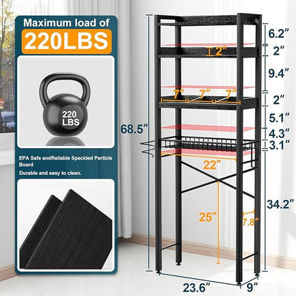Over The Toilet Storage Cabinet,4 Tier Bathroom Organizer and Storage With Adjustable Shelf Waterproof Feet Pad and Basket Multifunctional Space Saver Freestanding Bathroom Shelves With Dividers Black