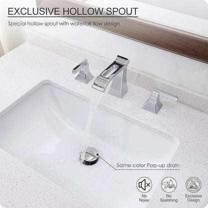 Chrome Bathroom Faucet 3 Hole, Brass Waterfall 8 Inch Widespread Bathroom Sink Faucet with Pop-up Drain, Pre-Installed Supply Hoses, 2 Handles for Vanity, Lavatory, Modern Hollowed Spout