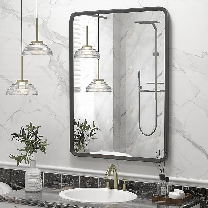 22x30 Inch Black Matte Framed Mirror for Bathroom | Rounded Rectangle Mirror, Bathroom Vanity Mirror for Wall, Anti-Rust, Shatterproof (Horizontal/Vertical)