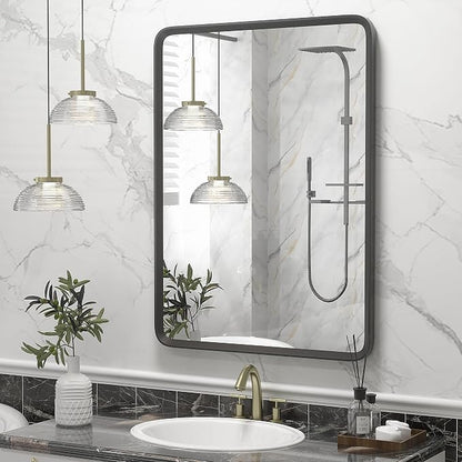 22x30 Inch Black Matte Framed Mirror for Bathroom | Rounded Rectangle Mirror, Bathroom Vanity Mirror for Wall, Anti-Rust, Shatterproof (Horizontal/Vertical)