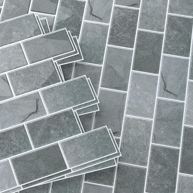 Peel and Stick Backsplash for Kitchen, Grey | 10 pack self‑adhesive tiles for backsplash, bathroom, or accent wall. Easy DIY install and wipeable. Covers approx. 10 sq ft.
