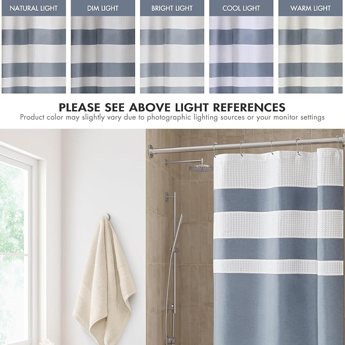 Madison Park Spa Waffle Weave Stall Shower Curtain, 36 x 72, Indigo Blue | Striped, Pieced Fabric Design, 3M Scotchgard Moisture Management, Hotel Quality, Modern, for Bathroom, OEKO-TEX Certified