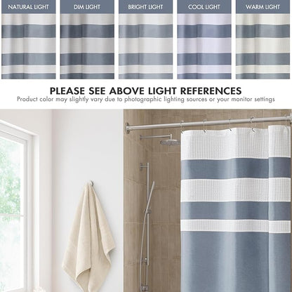 Madison Park Spa Waffle Weave Stall Shower Curtain, 36 x 72, Indigo Blue | Striped, Pieced Fabric Design, 3M Scotchgard Moisture Management, Hotel Quality, Modern, for Bathroom, OEKO-TEX Certified
