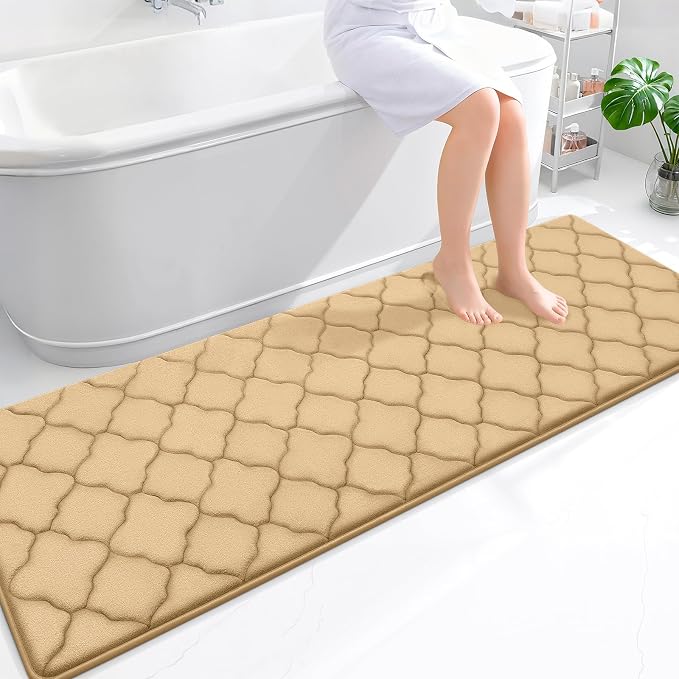 OLANLY Memory Foam Bath Mat Rug 70x24, Ultra Soft and Absorbent Bathroom Rugs, Non-Slip, Comfortable, Machine Washable Bath Carpet for Bathroom Floor, Tub, Shower and Home Decor Accessories, Beige
