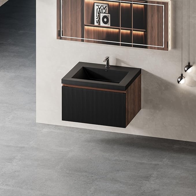 24" Floating Bathroom Vanity with Sink, Wall-Mounted Smoked Walnut Storage Cabinet, Wave-Textured Soft-Close Drawer & Matte Black Quartz Sand Basin