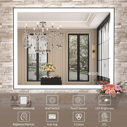 LED Bathroom Mirror, 24"x32" Frontlit&Backlit, Controlled Separately | Black Metal Frame, Stepless Dimmable, Anti-Fog, HD Reflection, Shatter-Proof, 3 Colors Lighting, Memory, UL Listed