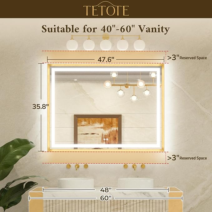 48 x 36 Bathroom LED Mirror Brushed Gunmetal Gray/Off‑Black Frame Frontlit & Backlit Vanity Mirror Anti-Fog Stepless Dimmable 3 Colors White/Warm/Natural Wall-Mounted