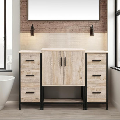 UEV 48" Rustic Oak Bathroom Vanity with Sink Combo, Industrial Iron Frame Bathroom Cabinet Sets with Double 3 Drawers Side Cabinet