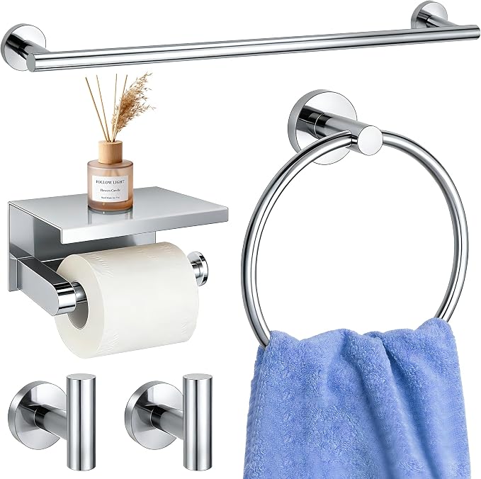 5 Pieces Bathroom Hardware Accessories Set Polished Chrome, 24Inch RoundTowel Racks Set for Bathroom, SUS304 Stainless Steel Towel Bar Set, Toilet Paper Holder with Shelf Wall Mounted