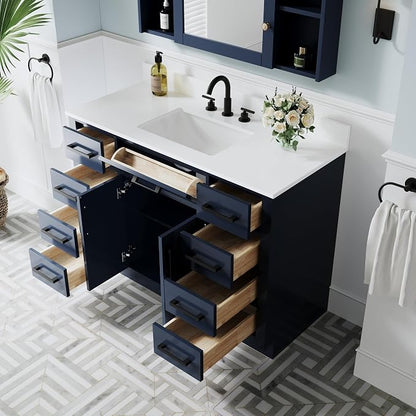 48-Inch Bathroom Vanity with Sink W/ 2 Doors & 8 Drawers & 1 Flip Drawer, Navy Blue Vanity W/Matte Black Handles