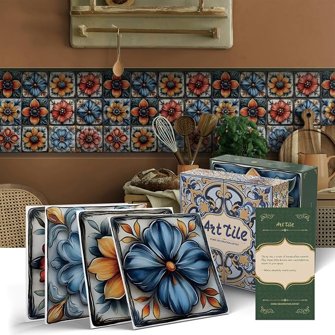 Tile Decals with Vintage Flower Pattern, 6X6IN-24 Pcs | 1.6mm-Thick FOAM+PE Tiles,Strong Adhesive, Waterproof Sticker Decals for Kitchen,Bathroom,Cabinets