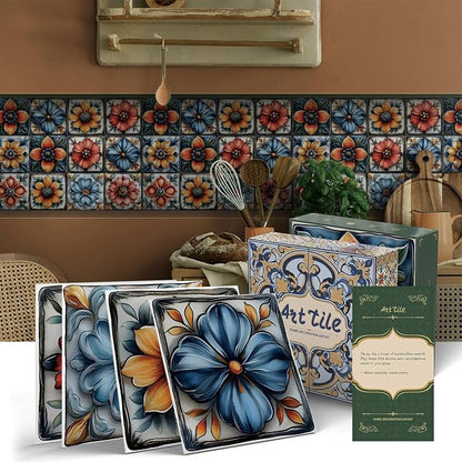 Tile Decals with Vintage Flower Pattern, 6X6IN-24 Pcs | 1.6mm-Thick FOAM+PE Tiles,Strong Adhesive, Waterproof Sticker Decals for Kitchen,Bathroom,Cabinets