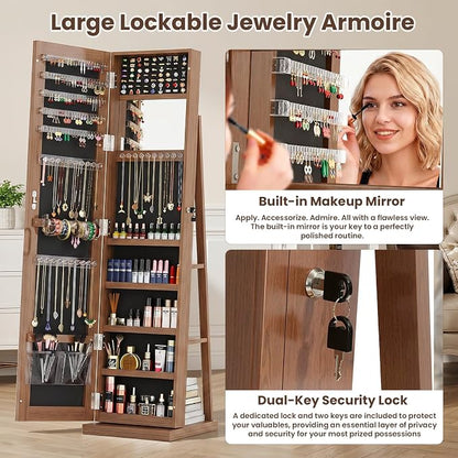 4-In-1 Jewelry Cabinet Jewelry Armoire Lockable Standing, Brown | Jewelry Organizer with Storage, Full-Length Mirror, 3 Storage Shelves, Makeup Mirror, 360 ° Swivel Jewelry Armoire for Women