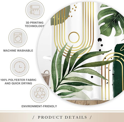 Glawry Green Gold Boho Mid Century Shower Curtain Abstract Tropical Plant Minimalist Modern Geometric Palm Leaf Arch Bathroom Simple 72Wx72L Inches Bath Accessories Art Home Decor Fabric 12 Pack Hooks