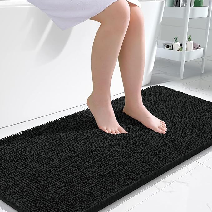 OLANLY Bathroom Runner Rugs 47x24, Extra Soft Absorbent Chenille Bath Rugs | Black, Quick-Drying Rubber Backing, Machine Washable Long Bath Mat for Bathroom Floor, Tub and Shower, Home Decor Accessories