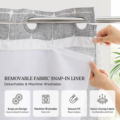 River Dream Farmhouse No Hooks Shower Curtain with Snap-in Liner,Grey,71x86 | Snap on Fabric Liner,Heavy Duty,Quick Dry,Mesh Top Window,With Bottom Magnets,Washable,with Tassels,Extra Long Size
