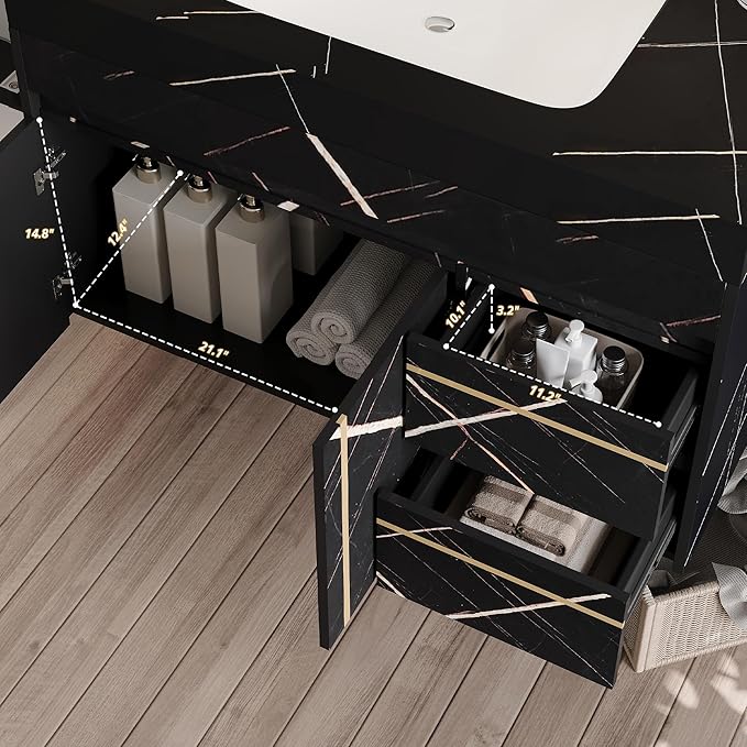 36 inch Modern Floating Bathroom Vanity with Ceramic Sink, Wall Mounted Bathroom Cabinet with Faux Marble Countertop, Soft Closing Doors & 2 Storage Drawers for Small Space, Black