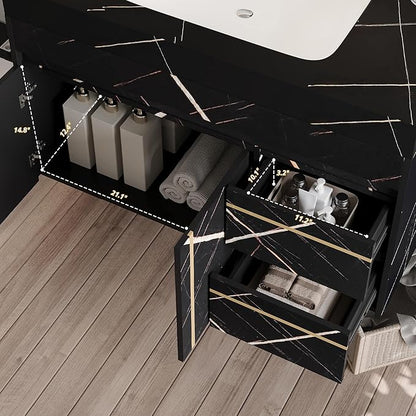 36 inch Modern Floating Bathroom Vanity with Ceramic Sink, Wall Mounted Bathroom Cabinet with Faux Marble Countertop, Soft Closing Doors & 2 Storage Drawers for Small Space, Black
