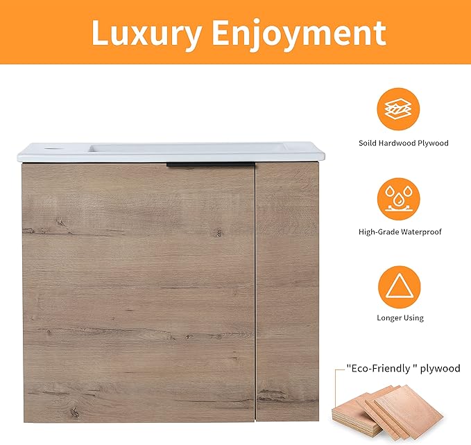 22" Bathroom Vanity with Sink, Floating Wall-Mounted Modern Vanity Cabinet for Small Space, 1 Door Brown Bathroom Sink Combo, Space Saving Vanity, Small Bathroom Vanities