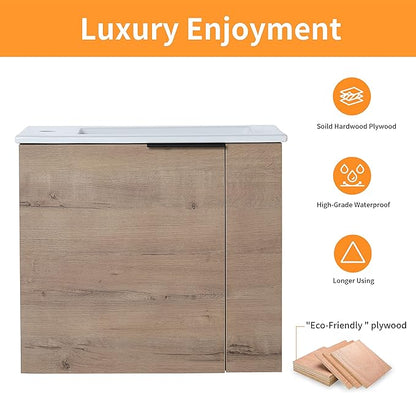 22" Bathroom Vanity with Sink, Floating Wall-Mounted Modern Vanity Cabinet for Small Space, 1 Door Brown Bathroom Sink Combo, Space Saving Vanity, Small Bathroom Vanities