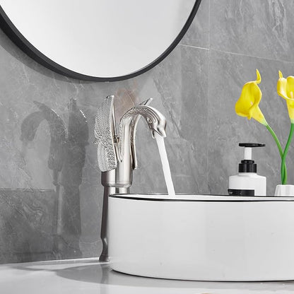 Brushed Nickel Swan Shape Single Handle 1Hole Bathroom Vessel Sink Faucet Deck Mount Lavatory Sink Faucet