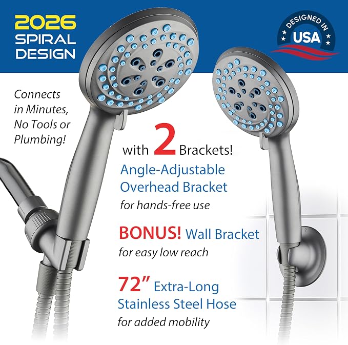 AquaCare New 8-mode High Pressure Handheld Shower Head w/ 2-way Power Wash | Stay Clean Nozzles, Dual Power Wash for Tub, Tile & Pets, Long 6 ft. Stainless Steel Hose, Wall & Overhead Brackets / Modern