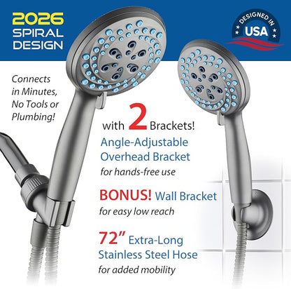 AquaCare New 8-mode High Pressure Handheld Shower Head w/ 2-way Power Wash | Stay Clean Nozzles, Dual Power Wash for Tub, Tile & Pets, Long 6 ft. Stainless Steel Hose, Wall & Overhead Brackets / Modern