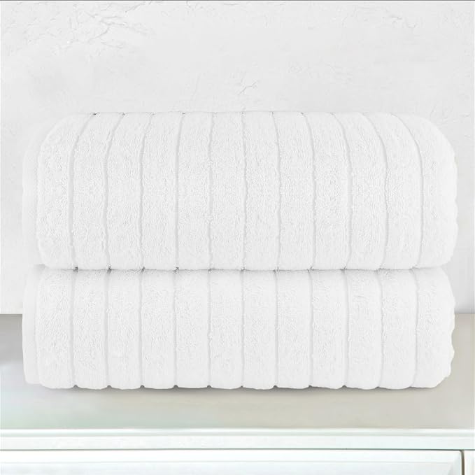 Elegant Comfort 100% Turkish Cotton Corduroy Ribbed Luxury Soft 2 Pack Bath Towels 27 x 54 Inch - Ultra Plush, Absorbent, Quick Dry, Hotel Spa Quality Towels for Bathroom Essentials, White