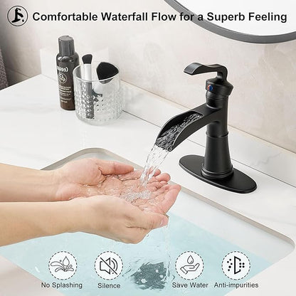 Brass Waterfall Bathroom Faucet Black, Single Handle Bathroom Sink Faucet 1 Hole, 4 Inch Bathroom Faucets 3 Hole with Deck Plate, Pop-up Drain and Supply Hoses