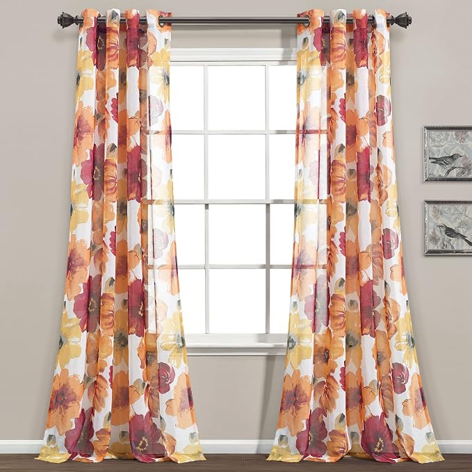 Lush Decor Leah Floral Sheer Window Curtain Panels Pair 52"W x 84"L Red & Orange - Floral Curtains for Bedroom - Sheer Curtains for Living Room
