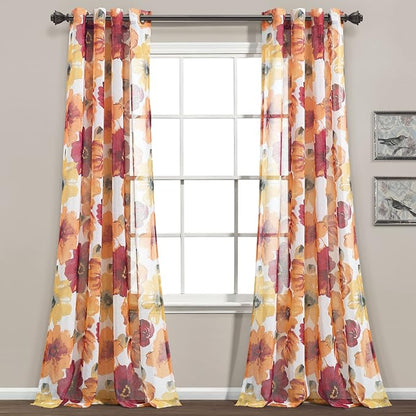Lush Decor Leah Floral Sheer Window Curtain Panels Pair 52"W x 84"L Red & Orange - Floral Curtains for Bedroom - Sheer Curtains for Living Room